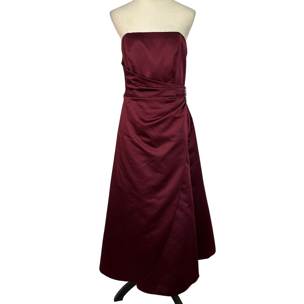 David's Bridal Strapless Bridesmaid Dress Formal Gown Rhinestone Burgundy 10